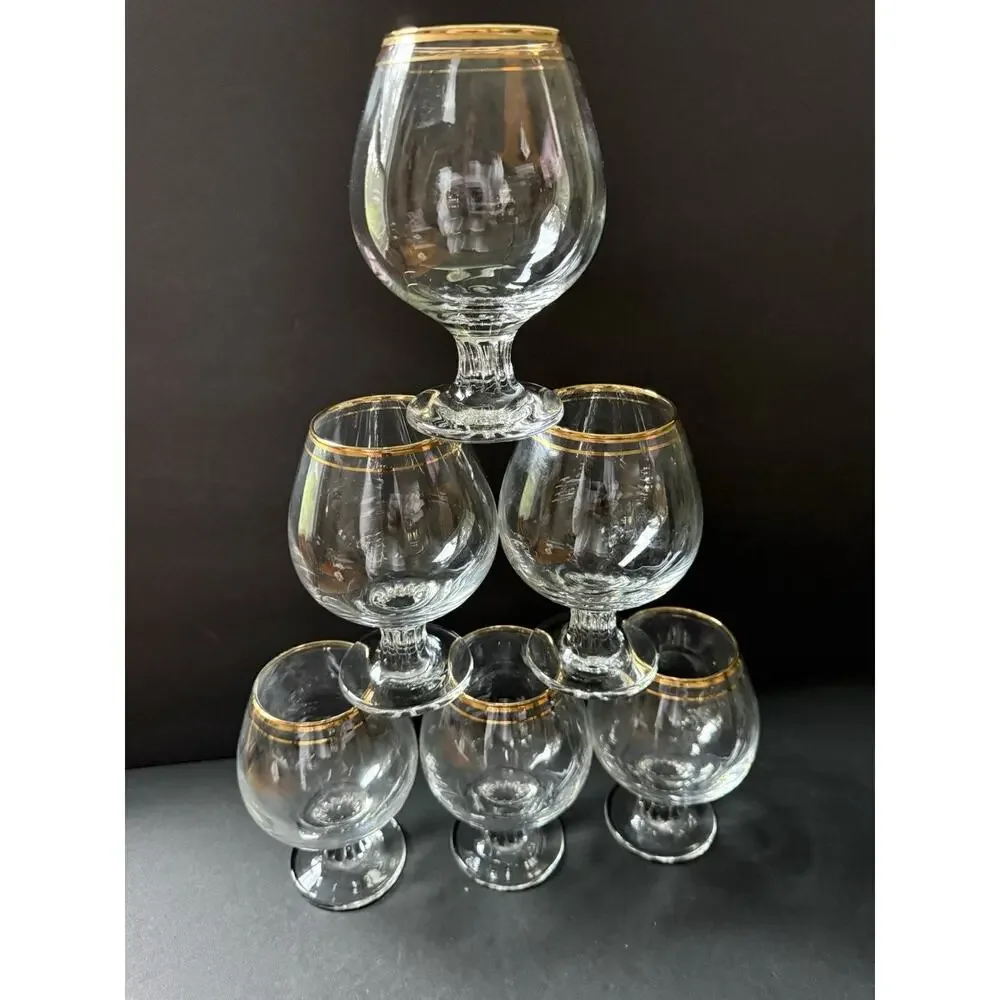 Valencia Crystal Hand Painted Brandy Sniffers 24 Karat Gold Double Rim Set (6)